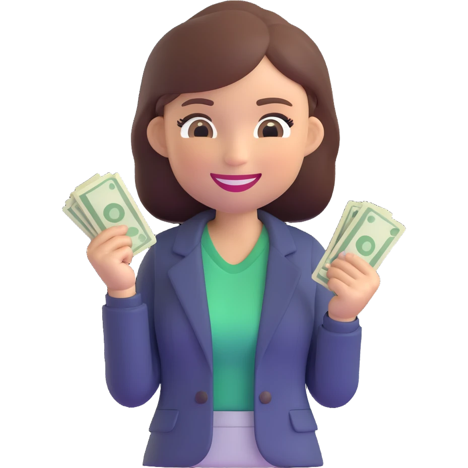 memoji of a beautiful, successful girl, tired but happy, smiling with subtle fatigue, in a T-shirt and blazer, holding a wad of cash emoji