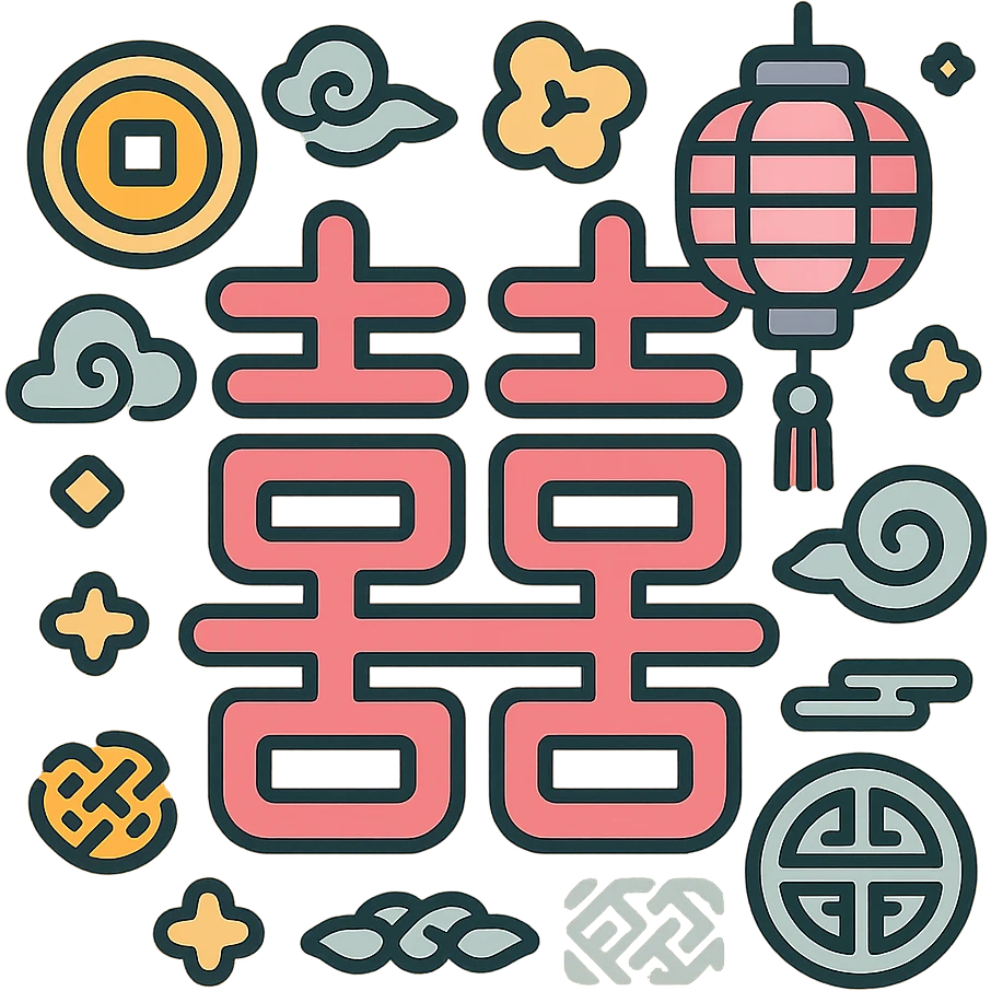 Chinese character 'double happiness' (囍), icon-color-outlined style, thin clean contours, soft rounded shapes, pastel palette #98B5BC, #B5B3C1, #C9A3C9, #E4C0CA, #F7DCD1, #F7C0AA, modern Japanese pop-art and sticker aesthetics, detailed shadows and highlights, soft lighting, transparent background, with Chinese decor elements like coins, lanterns, clouds, patterns emoji