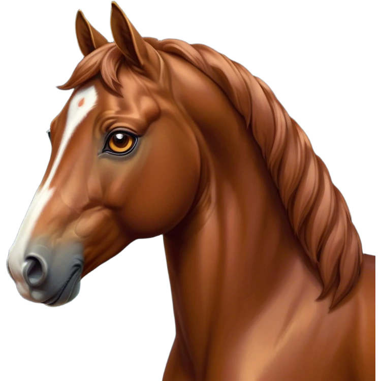 Cinematic Noble Chestnut Horse Portrait Emoji, Poised and regal, with a strong, athletic build and a lustrous, well-groomed chestnut fur, deep-set soulful amber eyes, Simplified yet sharp and sophisticated features, highly detailed, glowing with a warm, dignified glow, high shine, intelligent and majestic, stylized with an air of equine elegance, focused and attentive, soft glowing outline, capturing the essence of a watchful and confident steed, so majestic it feels as though it could gallop out of the screen with effortless authority! emoji