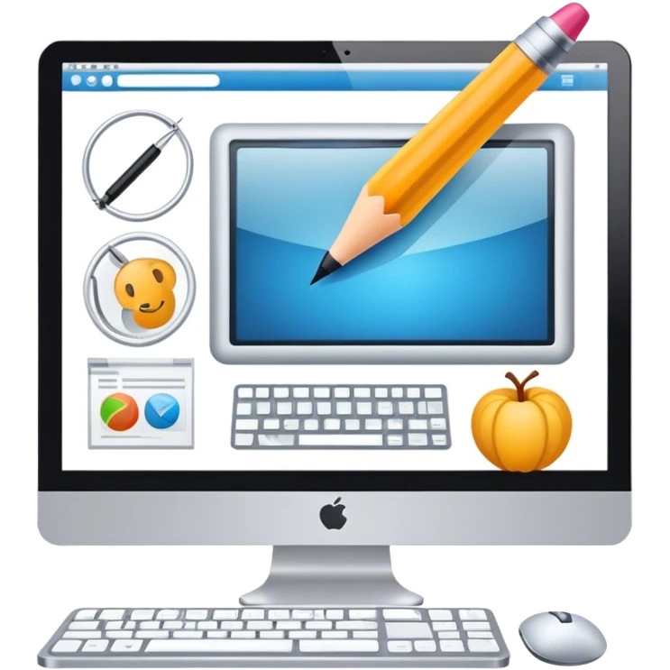 Modern icon for Web Design: computer screen with a website layout, design tools like a mouse and a stilus, web elements such as icons and wireframes. Transparent background. emoji