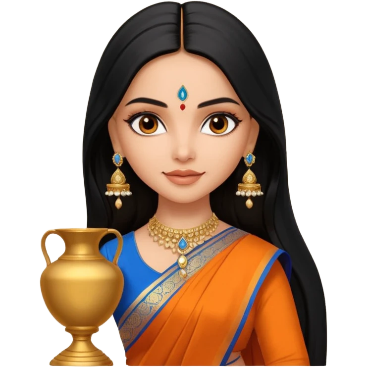 generate a pretty bratz Deepika Padukone with long black hair middle parted.
Wearing an orange saree with a blue blouse, golden jhumkas
SHe shoudl look like deepika padukone. dark brown eyes and carrying an urn emoji