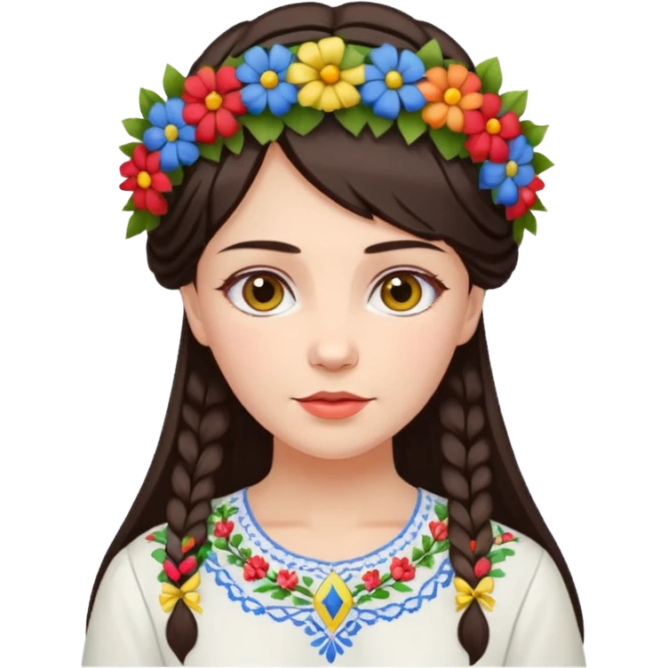 Ukrainian woman in a white embroidered shirt with dark hair in a wreath of flowers with multicoloured ribbons on her head emoji
