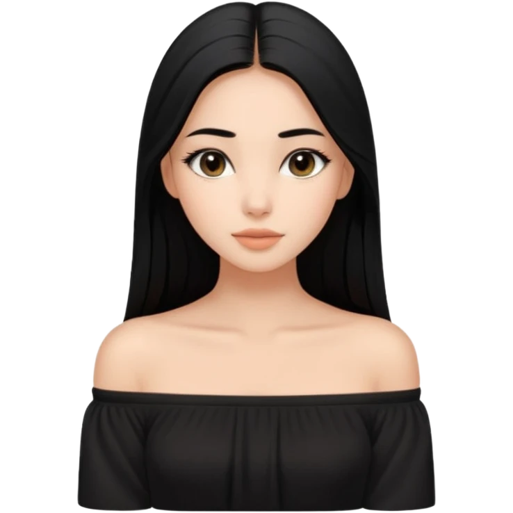A realistic 3D avatar of a young woman with a soft oval face, slim cheeks, natural almond eyes, long straight black hair, minimal makeup, wearing a black off-shoulder top, elegant and aesthetic, tanned skintone. emoji
