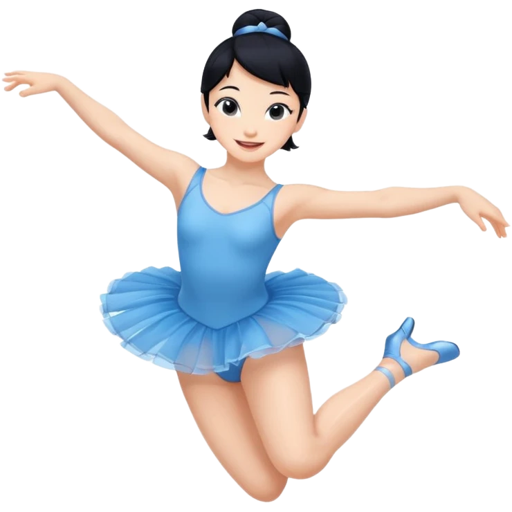 A lively black hair ballerina in a blue outfit, jumping mid-air with a bright smile. emoji