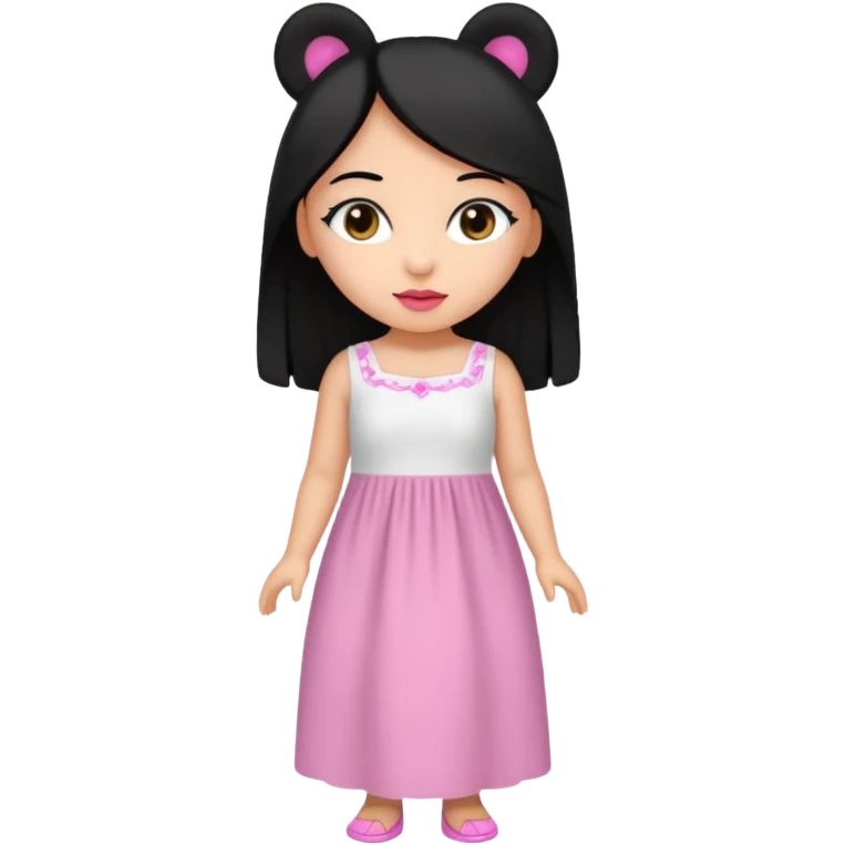 Gordita, ojos pequeños de color cafe oscuro, labios pequeños y rosados, piel trigueña, orejas pequeñas, cabello largo lazio y negro, pequeña. cuerpo completo. emoji
