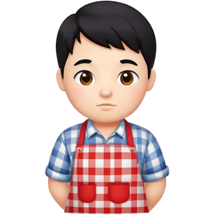 chubby boy with black hair styled upward in front, wearing a red and white checkered plaid apron emoji