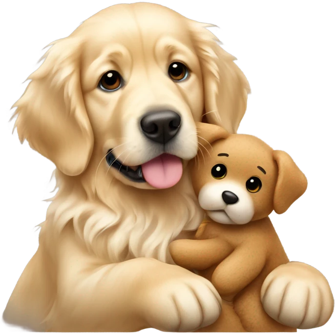 English cream golden retriever holding teddy bear emoji