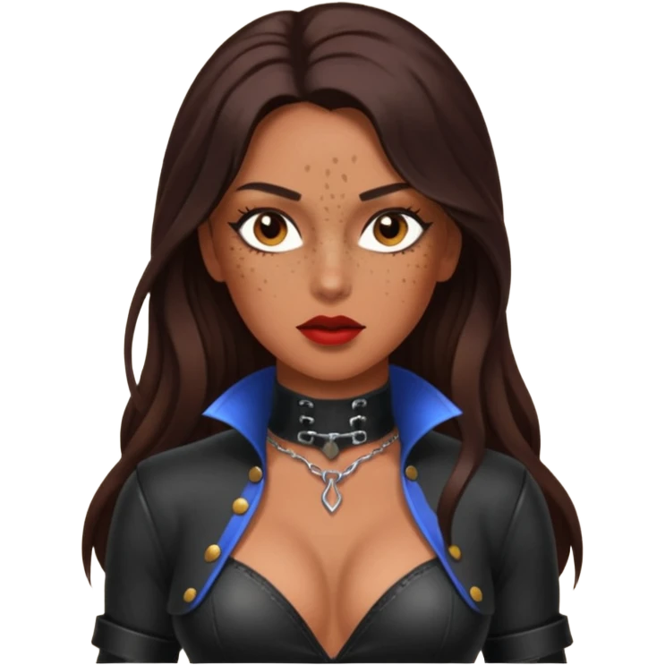 Tan skin with freckles, long dark hair, hazel eyes Dominatrix  emoji