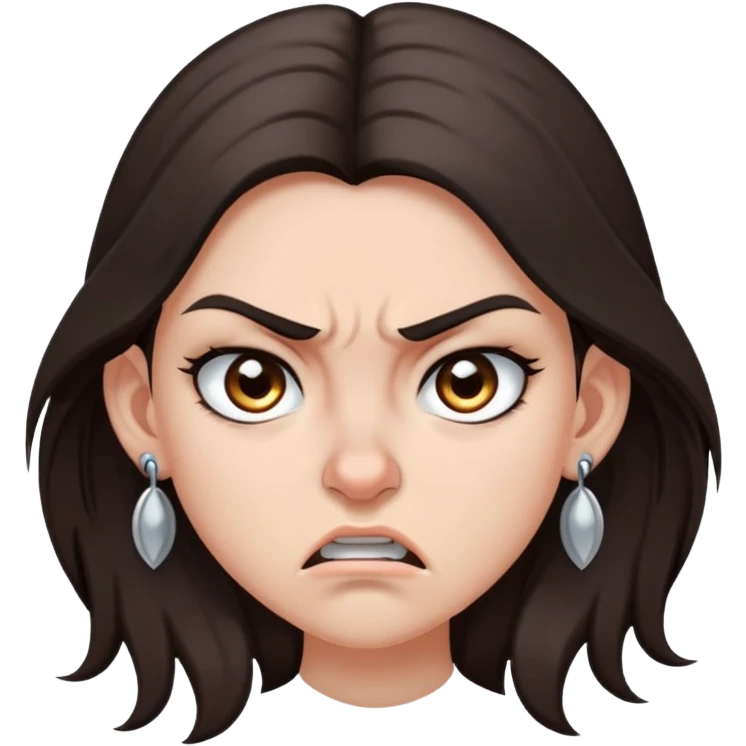 angry girl with long dark brown hair, grey eyes, nose earring on right, pierced ears emoji