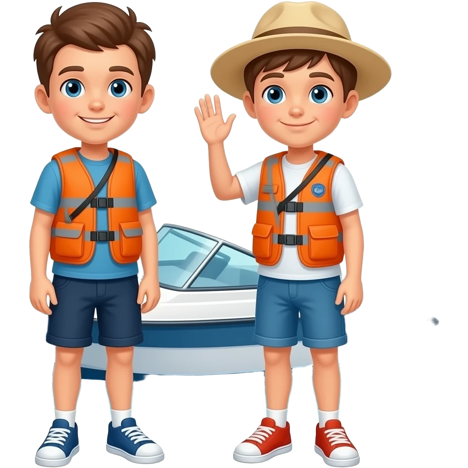 ragazzo e ragazzo, esperti di escursioni in mare, vicino ad un motoscafo emoji