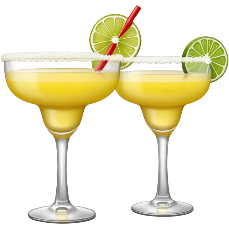 2 margarita cocktails. one is the classic margarita: yellowy with salt on the rim and a lemon. the other one is a spicy margarita: slightly more red color with a small red chili pepper instead of a lemon on the rim  emoji