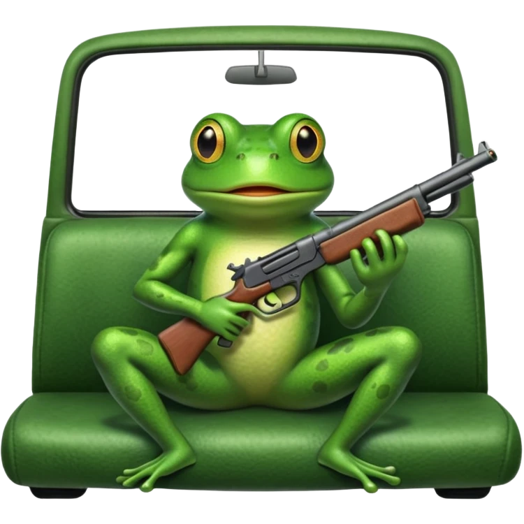 Frog holding a gun while sitting in the back seat of a vehicle in motion emoji