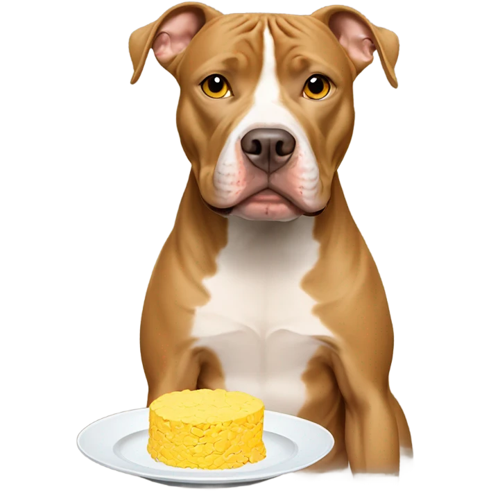 Tan pitbull holding a plate of scrambled eggs emoji