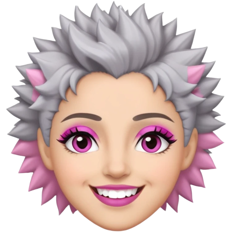 Close-up of Marian Pabón with defined facial structure, light skin with pink undertones, almond eyes with makeup, arched eyebrows, charismatic wide smile, and short spiky gray hair emoji