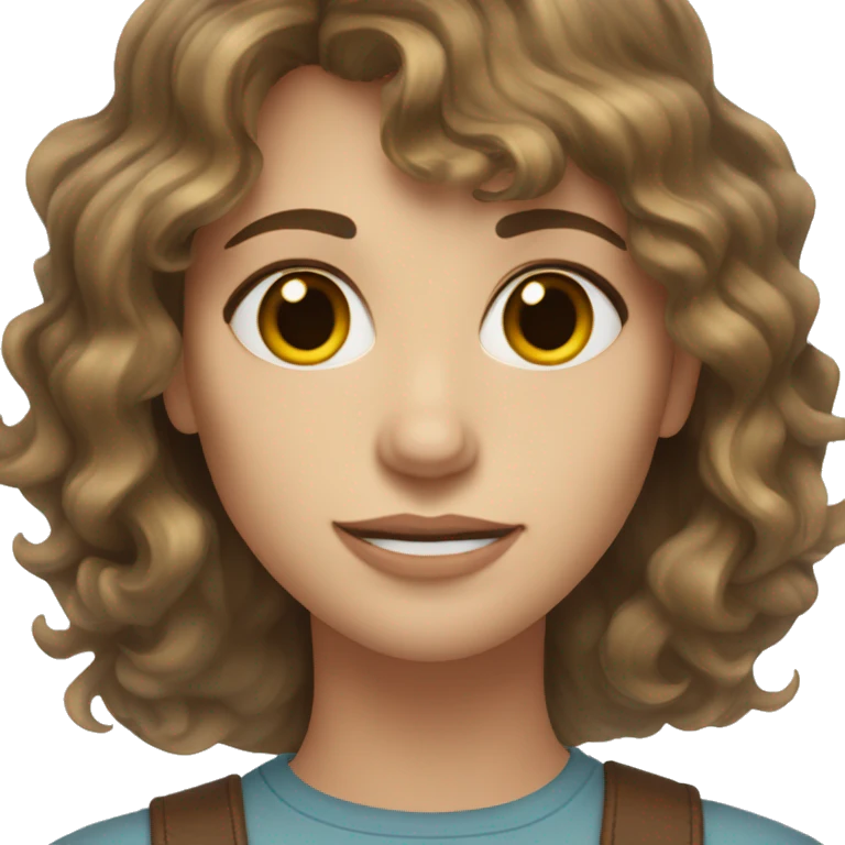 A white woman in her 30s with wavy shoulder length brown hair, bangs, hazel eyes emoji