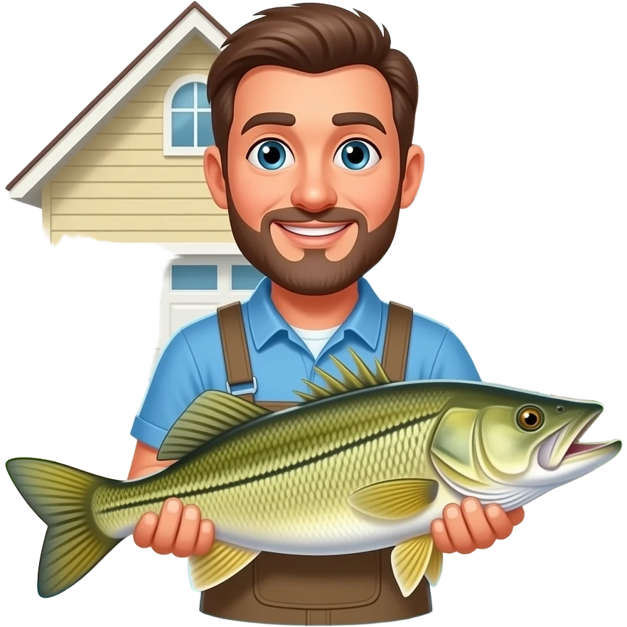 a guy holding a snook fish in his flooded driveway at his house, i need the house a flooded driveway in the background, make sure you add the background to the emoji emoji