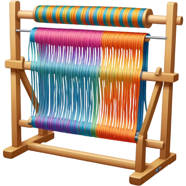 Create an icon that represents the hobby of weaving. The design should include a loom, threads, and a partially woven fabric. The loom should be the central focus, with visible threads being woven into a colorful pattern. The composition should feel balanced and harmonious, reflecting the intricate, creative nature of weaving. The background should be transparent. emoji