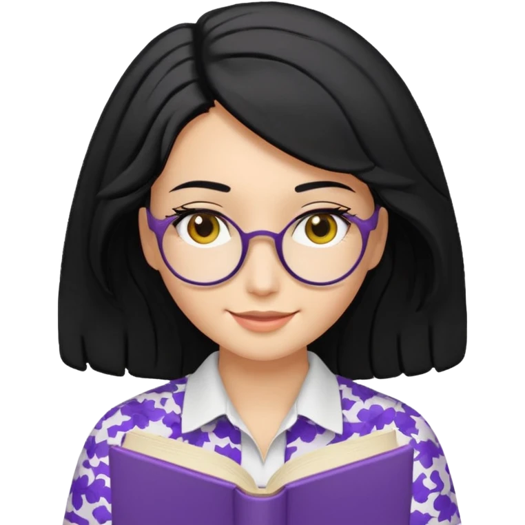 검정머리에 책읽고있는 여자. 해줘. 그리고 그 책으로 얼굴 반은 가린듯한 머리는 약간 파마 앞머리 없고 그리고 너무 무섭게 말고 책 읽는다고 얼굴 반은 가린듯한 책은 흰색에 보라색 노란색 섞여있고. 약간 미소 상의는  흰옷 . 아이폰 이모티콘 형태로 부탁 옷은 하얀색. 그리고 책은 흰색배경에 노란색 보라색 약간의 무늬 emoji