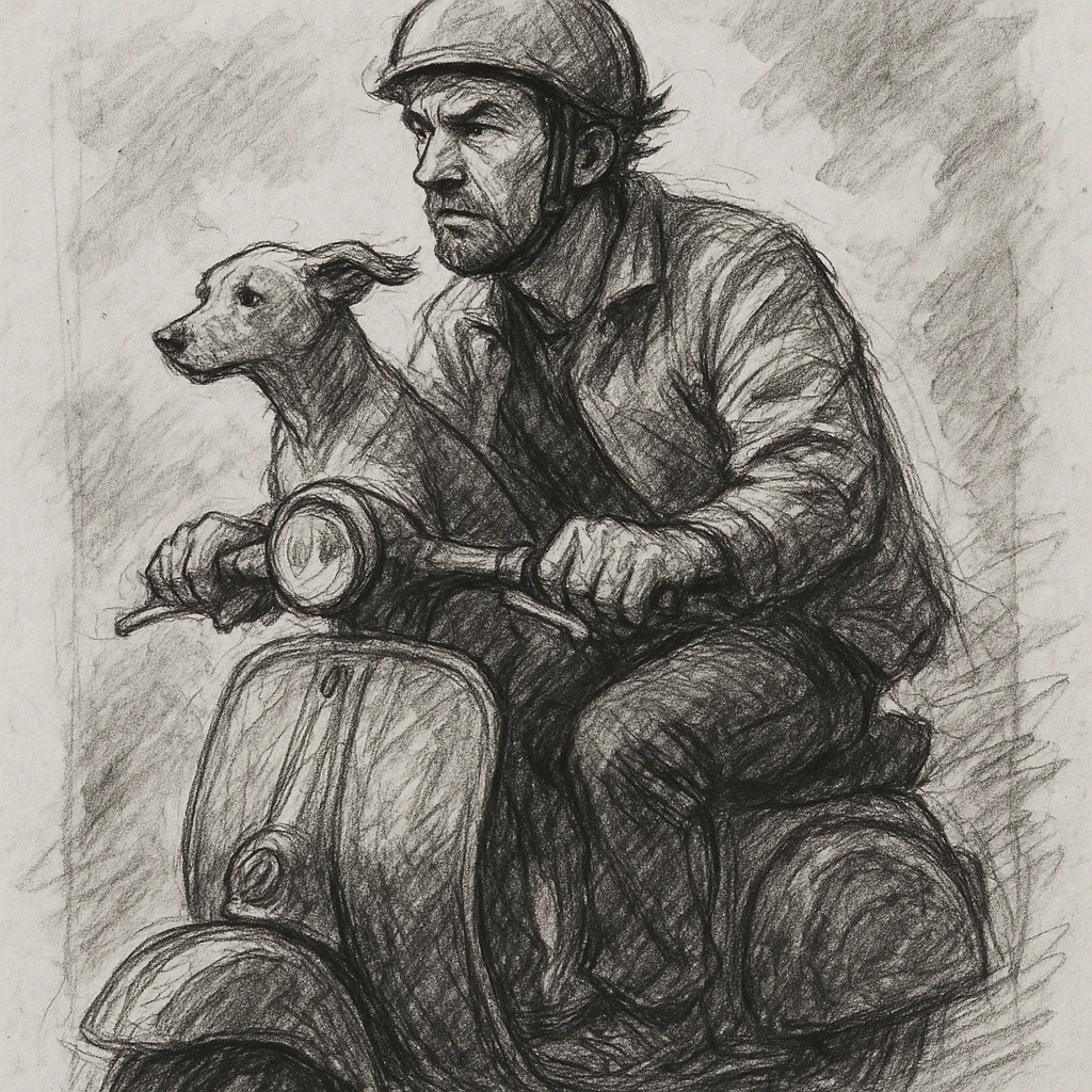 man and his pet dog riding a vespa emoji