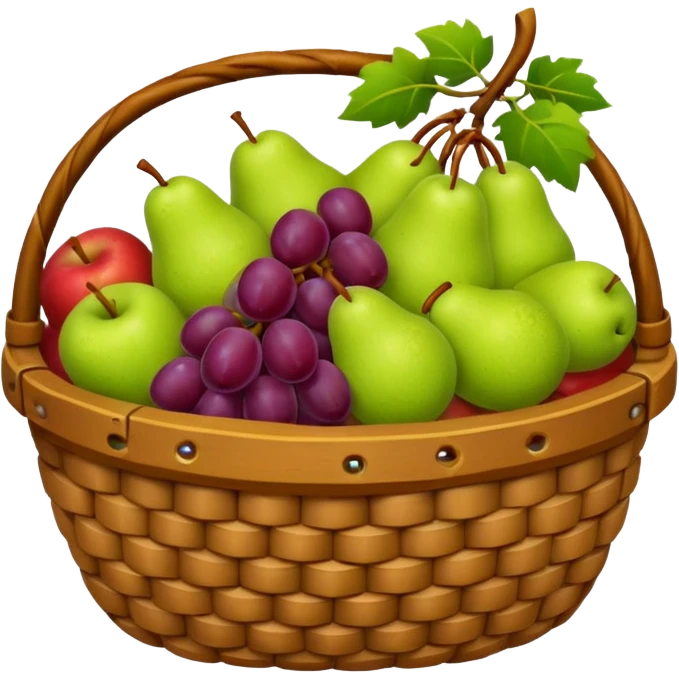 medieval fruit basket object icon, grapes apples pears, woven basket, rustic medieval vibe, 3D cartoon, mobile game icon style, clean background, no text, no watermark
 emoji