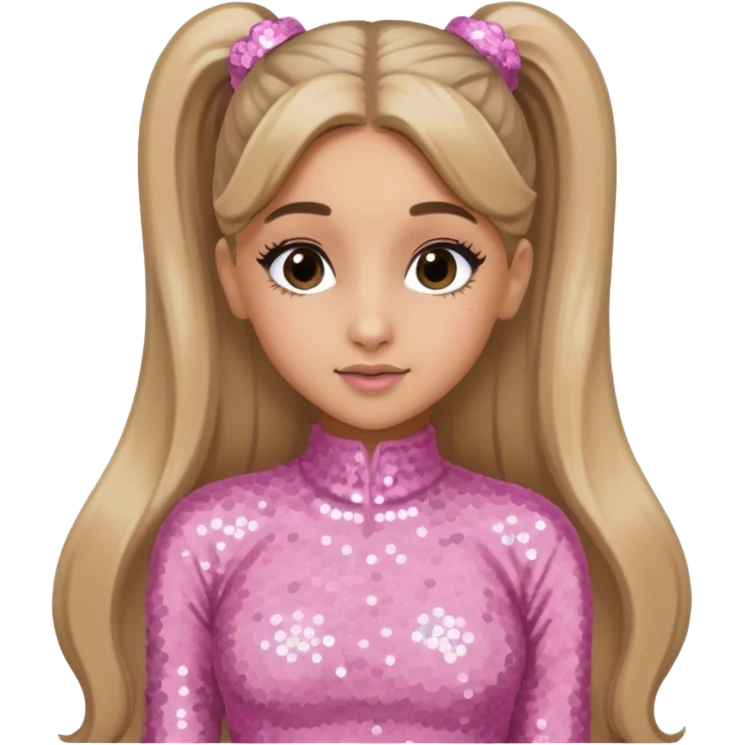 Ariana Grande with long dark blonde ponytail hair, light pink sequin outfit emoji