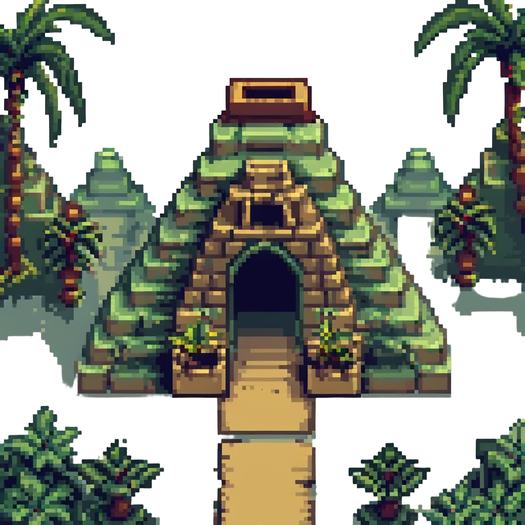 Mayan temple in pixel art style, simple blocky shapes, green jungle hints emoji