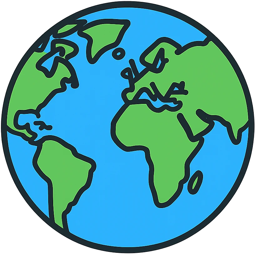highly detailed globe icon with visible continents, blue oceans, and fine black outlines, lineal color style emoji
