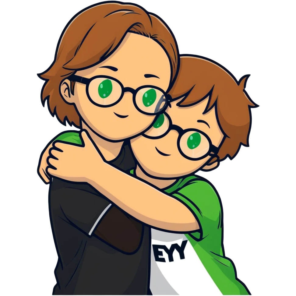 a girl with light brown hair and green eyes, wearing black round glasses, hugging a boy with light brown hair and dark green eyes, both people in white T-shirts emoji