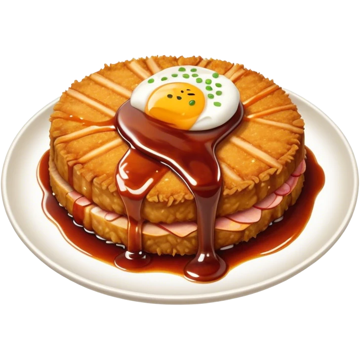 Tonkatsu Cinematic Realistic Tonkatsu Dish Emoji, depicted as a golden, crispy pork cutlet drizzled with tangy BBQ sauce, rendered with detailed textures and dynamic, appetizing lighting. emoji