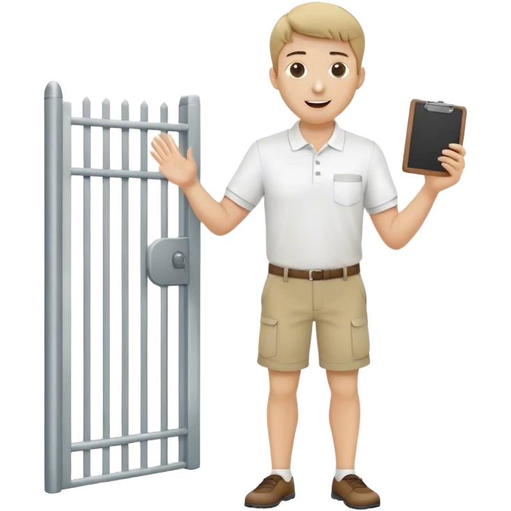 Pool attendant. white polo shirt. khaki shorts. waving. standing next to gate. holding clipboard emoji