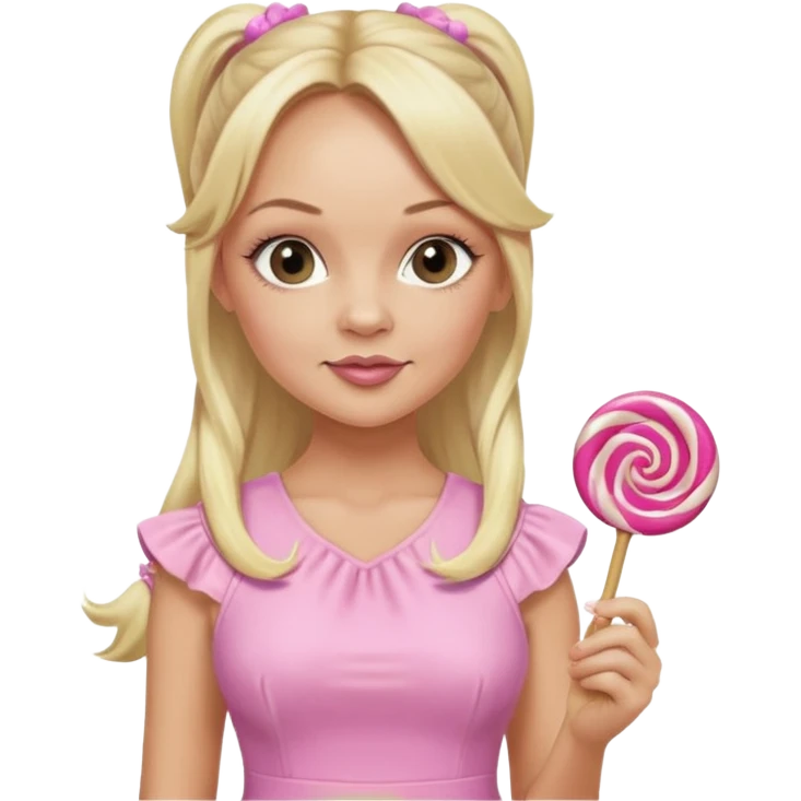 Emma Bunton with long blonde ponytails wearing light pink body dress holding a lollipop emoji