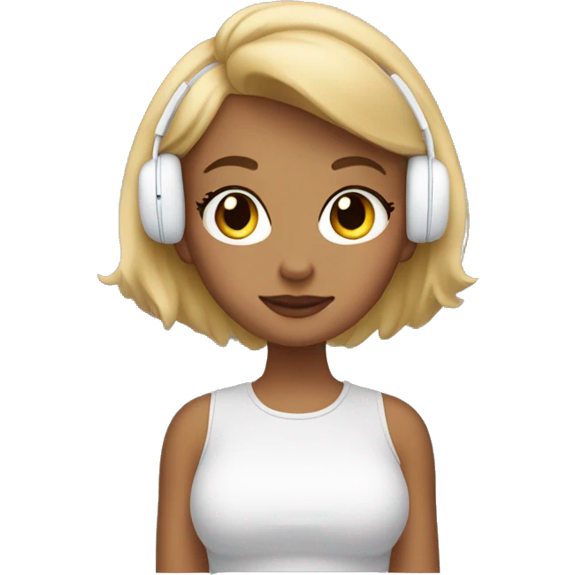 A blonde girl wearing airpods max and looking at a macbook emoji