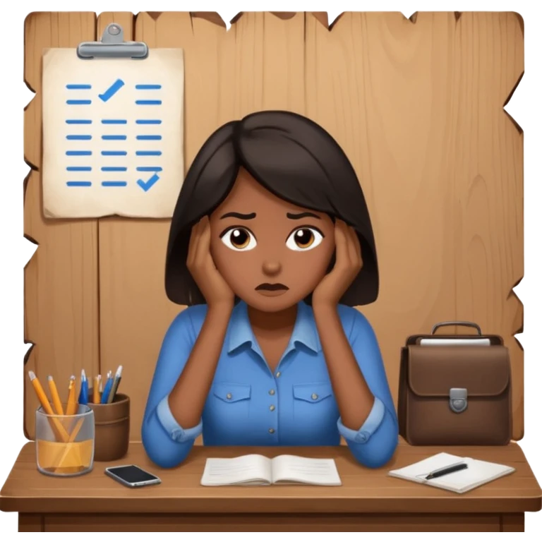  iOS emoji style - An overwhelmed woman sitting at a desk. She has dark hair. emoji