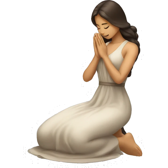 A woman kneeling praying, in a long dress, long dark brown hair emoji