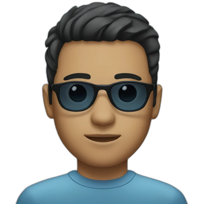 A young man with short black hair, a degraded haircut, black eyes, and sunglasses with a blue tint. emoji