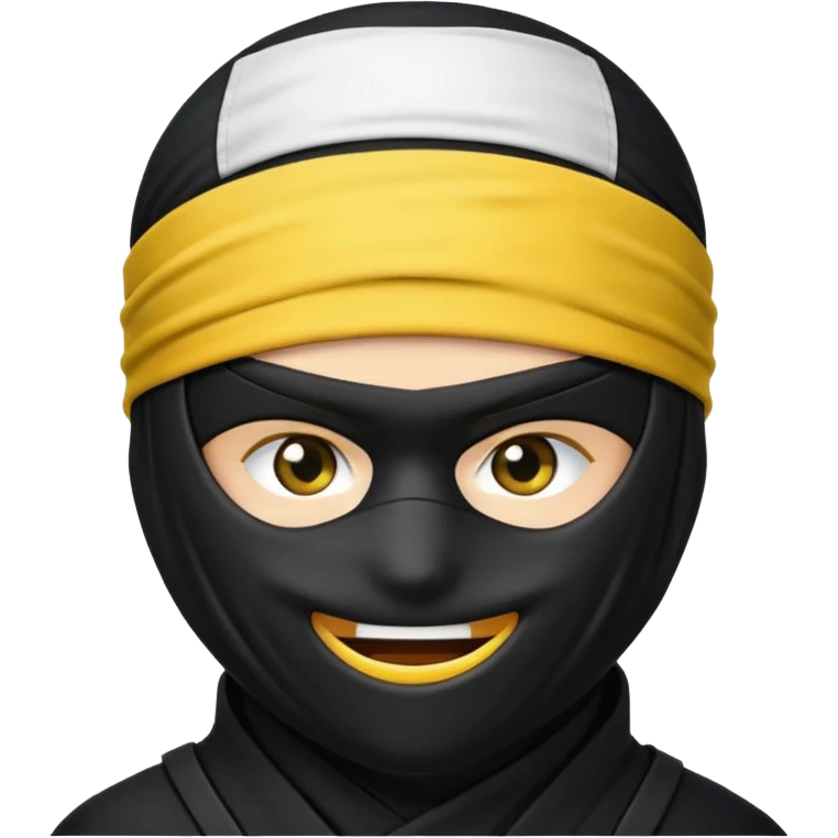 ninja face emoji with black ninja mask covering lower face, no skin color, standard emoji yellow, white headband, winking emoji