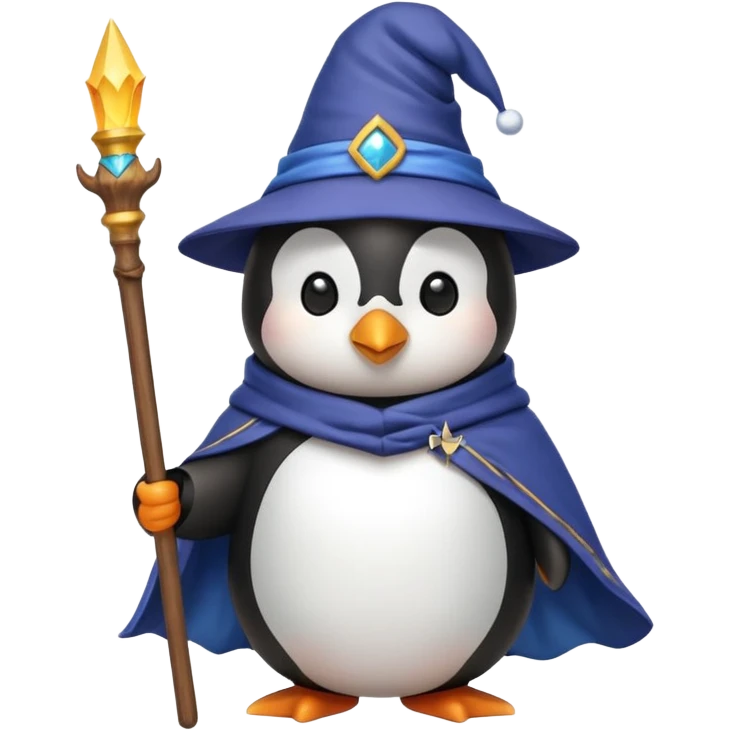 cute penguin holding a staff wearing a wizard cloak and hat, emoji style emoji