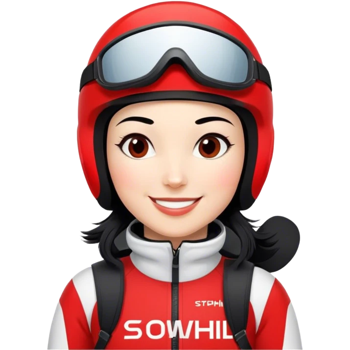 Skifahrerin Abfahrt Anzug rot weiss Aufschrift Stephanie Ski Aufschrift Head schwarze Haare lächeln  emoji