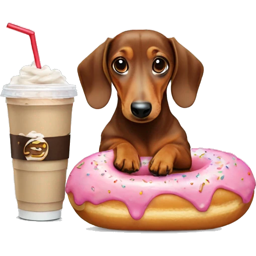 dachshund doing a split with an iced coffee and donut emoji
