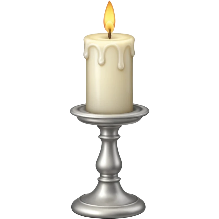 A silver candlestick holding a thick pillar candle glowing warmly. emoji