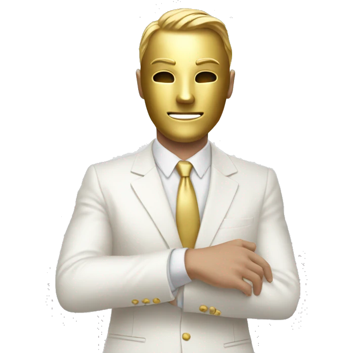 White suit Guy with gold Mask raising his right hand and looking down emoji