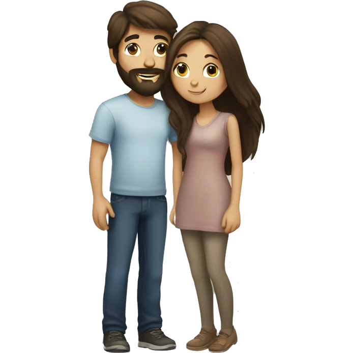 Brunette happy couple boy with beard and girl  with long hair kissing emoji