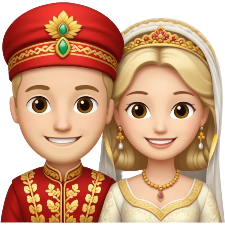 bride and groom in traditional outfit and smiling emoji