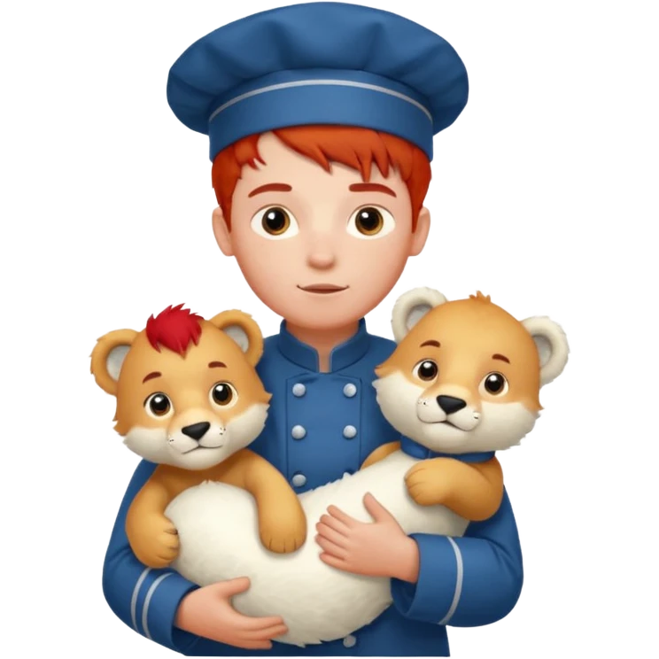 boy kid italian chef, red haired, uniform, holding plush polar lion emoji