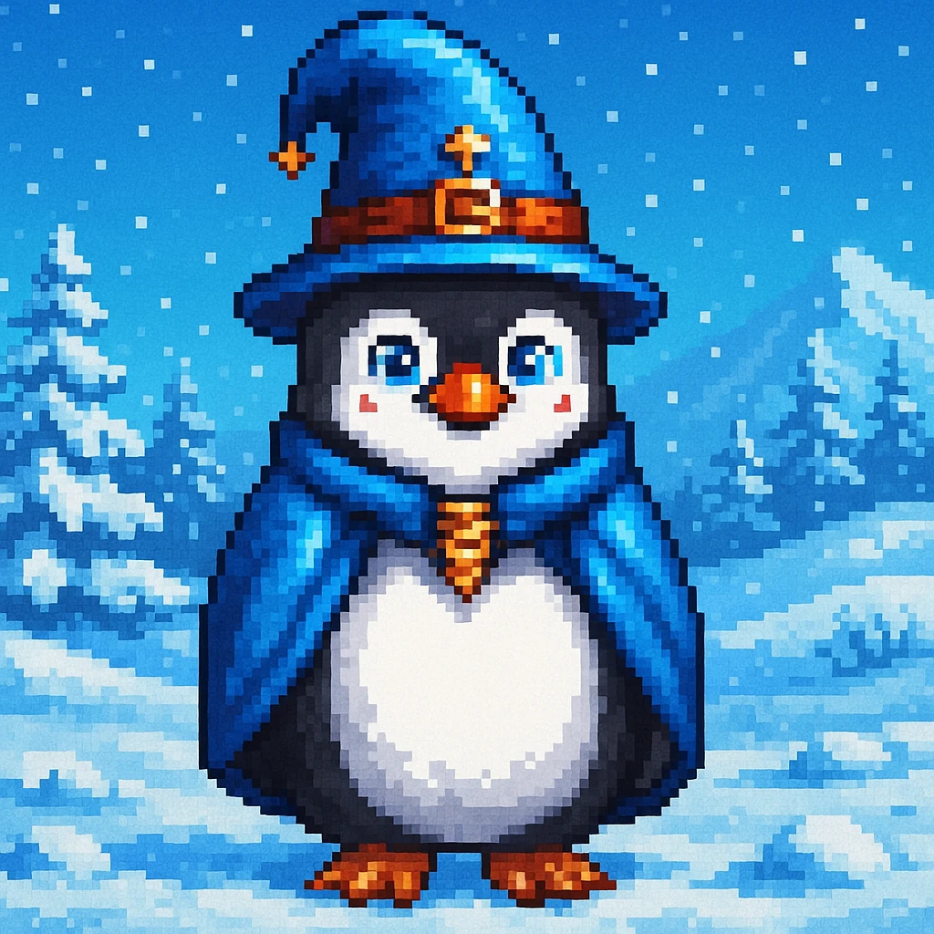 Make a snowy landscape background behind the penguin wizard, keep all original colours and lighting in pixel art style emoji