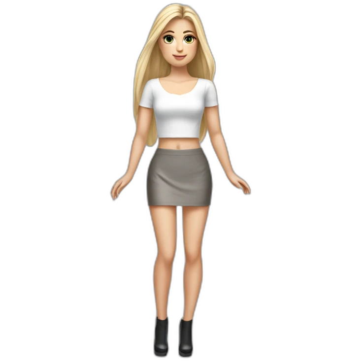 hyperrealist caucasian long straight blonde hair dark brown eyes woman sexy white crop top gray tight mini skirt black high heels full body emoji