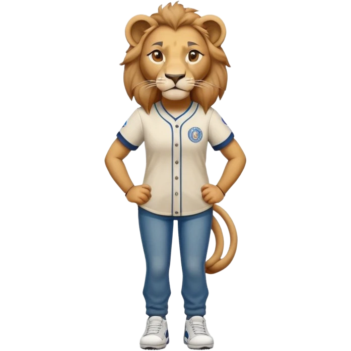 friendly anthropomorphised female lion wearing a baseball shirt, jeans, trainers, standing upright with arms folded, looking very determined emoji