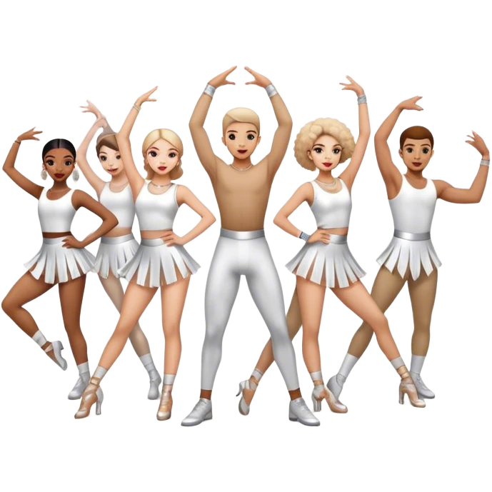 "Icon for Contemporary Dance: a synchronized guys and girls group performance on stage with backup dancers, bright stage lighting, and stylish dance outfits. The icon should capture the energy, precision, and excitement of a modern group dance performance. Transparent background. emoji