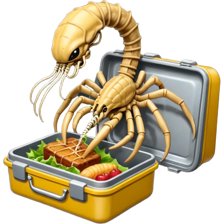 The Predator, as in the 1987 movie, eating an Alien facehugger from a lunchbox, the setting should be dark and sci-fi. emoji