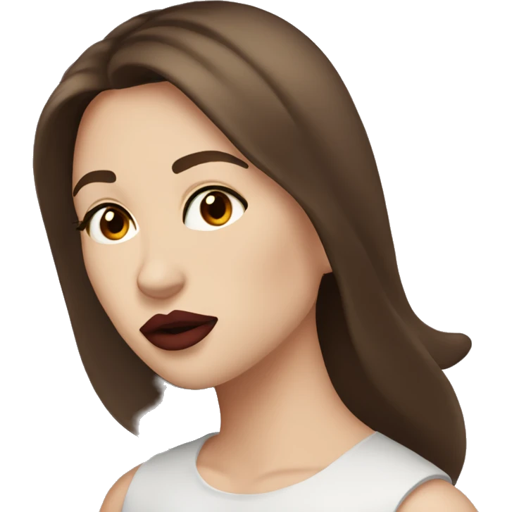 women with brown hair, fair skin, dark red lips, straight hair, brown eyes giving an air kiss emoji
